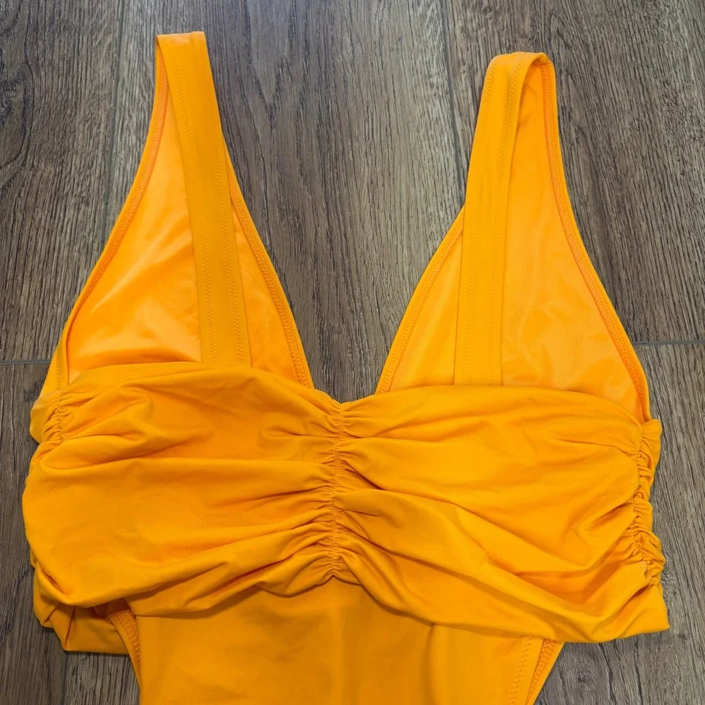 Aerie Shine Plunge Ruched One Piece Cheekiest Womens Large Orange Swimsuit beach